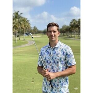 1764 Golf Shirt Men L Cockatoo Floral All Over Graphic Stretch Performance Polo